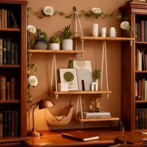 Vue détaillée de l'étagère suspendue en bois avec corde pour décoration murale et plantes.