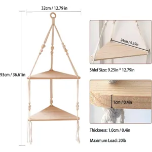 Bohemian 2-Tier Wooden Hanging Corner Shelf Cotton Rope Woven Wall Plant Display Rack