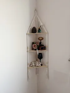 Bohemian cotton rope woven triangular wall shelf 3-tier wooden floating corner shelf for home decor.