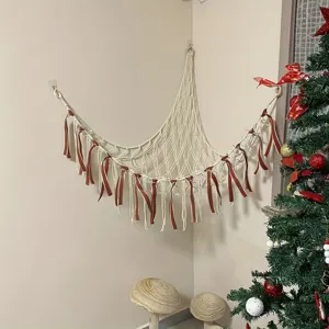 Handmade woven corner toy hammock net with red ribbons for kids room wall storage decor