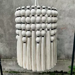 Nordic Bohemian Hand-Woven Cotton Rope Lampshade Tassel Pendant Light Cover Minimalist Hanging Lighting Fixture Decor