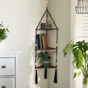 Étagère de Rangement Suspendue d'Angle en Corde de Coton Tissée à la Main Bohème avec Étagères en Bois Décoration d'Intérieur