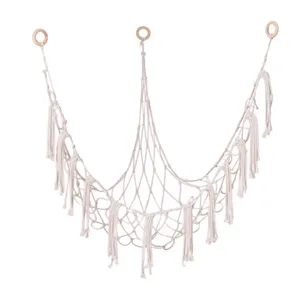 Bohemian Hand Woven Toy Hammock Cotton Macrame Triangular Toy Net Storage Organizer For Kids Room Nursery
