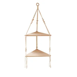 Bohemian wooden two-tier triangular hanging shelf with cotton rope macrame wall decor