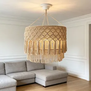 Bohemian handmade cotton rope woven chandelier lampshade for living room home decor style.