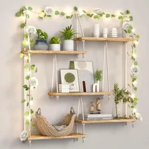 Étagère murale suspendue en bois bohème étagère de rangement de plantes à plusieurs.