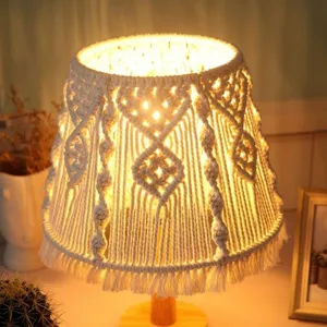 Handmade macrame table lamp with fringe and wooden base for boho bedroom decor warm lighting