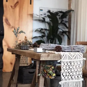 Nordic bohemian macrame table runner, rustic cotton woven tablecloth for home decor.