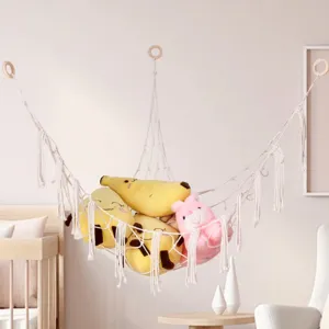 Boho Macrame Toy Hammock for Stuffed Animals Triangular Net Hanging Storage Organizer