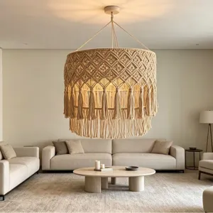 Bohemian macrame chandelier handmade cotton rope woven pendant light living room home decor.