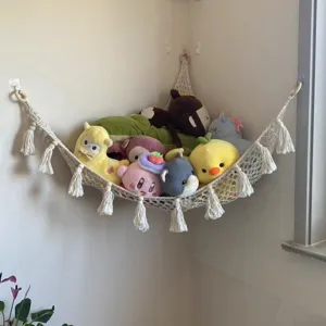 Amaca per giocattoli in macramè fatta a mano per angolo, rete portaoggetti in cotone.