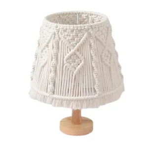 Boho handmade woven table lamp macrame bedside night light with wooden base decor.