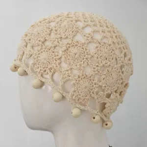 Retro handmade crochet beanie hat detail, women lightweight hollow knit slouchy cap with wood beads.