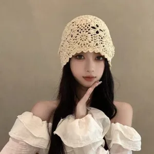 Vintage beige crochet knit beanie hollow out cap for women breathable handmade slouchy hat