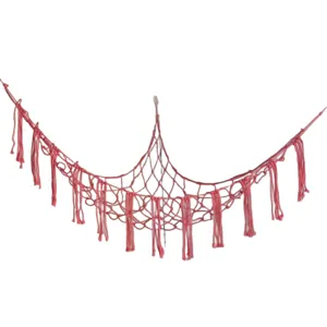 Pink Macrame Toy Hammock Bohemian Hand Woven Hanging Stuffed Animal Net Storage Holder