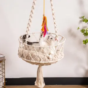 Handmade macrame cat hammock bohemian hanging pet bed with toy for indoor kitten resting
