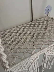 Macrame cat hammock woven hanging bed bohemian pet resting shelf with suction cup detail view