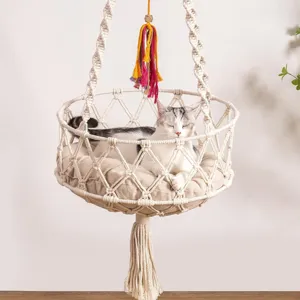 Handmade Woven Macrame Cat Hammock Bohemian Hanging Pet Bed Indoor Kitten Swing Basket With Soft Cushion