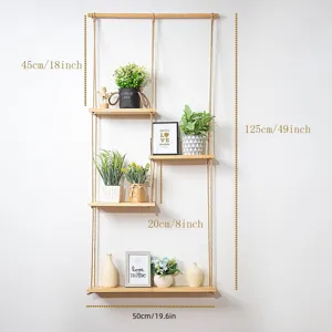 Wooden hanging wall shelf detail, multi-tier rustic display with plants and decor props.