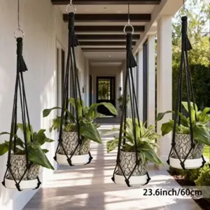 Panier suspendu pour plantes en macramé noir fait main style boho pour jardin déco