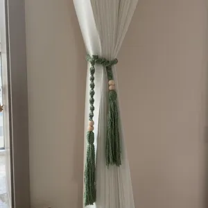 Handmade woven cotton rope curtain tieback with wooden beads, bohemian style green drapery holder.