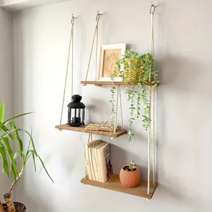 Solid Wood Wall Mounted Hanging Rope Storage Shelf Multi Layer Floating Shelves For Living Room Bedroom Bathroom Home Decor