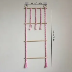 Macrame Hair Bow Organizer Pink Wall Hanging Headband Holder with Wooden Sticks 35x98cm