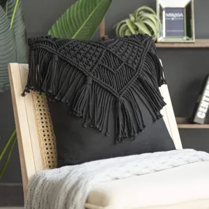 Black macrame throw pillow cover bohemian handmade woven cotton fringe couch cushion