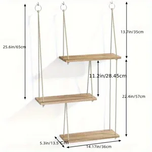 Wooden wall hanging 3-tier floating rope shelf for living room bathroom home storage decor