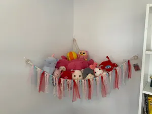 Handmade Cotton Rope Toy Hammock with Colorful Ribbons Corner Storage Net for Kids Room Detail View