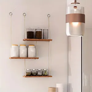 Wooden hanging wall shelf with ropes, 3-tier rustic floating shelf for home storage decor.