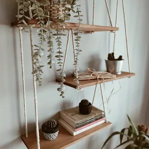 Wooden hanging wall shelf 3-tier rustic rope floating shelves for plants books and room decor