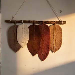 Handmade macrame leaf wall hanging bohemian cotton rope tapestry for home bedroom decor.