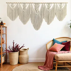 Bohemian handmade woven macrame wall hanging decor for living room bedroom aesthetic detail.