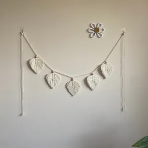 Boho handmade woven cotton rope leaf wall hanging tapestry with wooden beads home decor