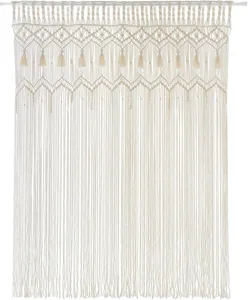 Detailed view of the intricate handmade macrame woven pattern with delicate hanging tassels.