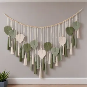 Handmade macrame leaf wall hanging with wooden beads, Nordic bohemian decor for living room.