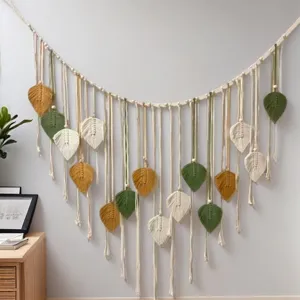 Handmade macrame leaf wall hanging with wooden beads, Nordic style multi-color boho decor.