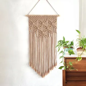 Bohemian handmade cotton rope woven wall hanging tapestry, Nordic home decor detail.