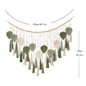 Handmade macrame leaf wall hanging with wooden beads, bohemian decor for living room.