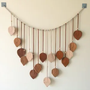 Handcrafted macrame leaf wall hanging with wooden beads, Nordic boho woven decor for living room.