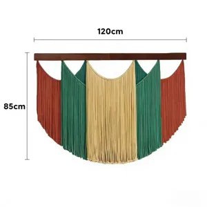 Bohemian handmade woven macrame wall hanging with wooden rod and multi-color tassels for home decor