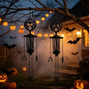 Halloween macrame skull wall hanging, black woven ghost decor for spooky holiday party.