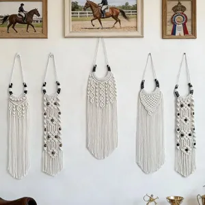 Bohemian Horseshoe Wall Hanging Cotton Woven Tapestry With Tassels Wooden Beads Western Equestrian Home Decor