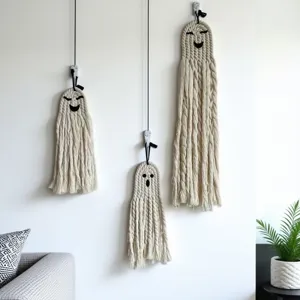 Halloween macrame ghost wall hanging, handmade cotton rope cute spooky party decor.