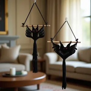 Handcrafted black macrame bat wall hanging Halloween gothic room home decor tapestry