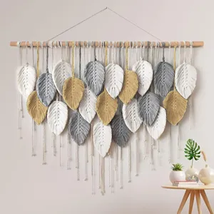 Bohemian macrame leaf wall hanging, handmade woven large textile decor for bedroom and living room.
