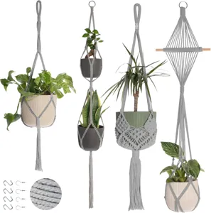 Grijs macrame plantenhanger handgeweven katoenen touw bloempot balkon tuindecoratie