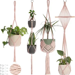 Roze Makramé Plantenhanger Katoenen Touw Hangende Plantenbak Houder voor Balkon