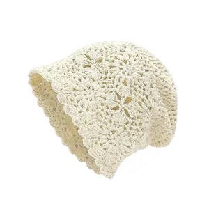 Vintage handmade crochet hollow-out knit hat for women, breathable floral beanie bonnet.